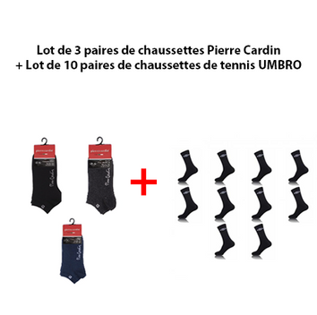 Lot de 3 paires de chaussettes Pierre Cardin + 1 Lot de 10 paires de chaussettes de tennis UMBRO - Livraison offerte