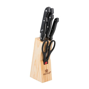 Jeu de 5 couteaux de cuisine en acier inoxydable + 1 paire de ciseaux de cuisine + 1 bloc de rangement en bois - Livraison offerte